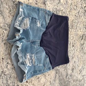 Maternity distressed stretch denim shorts